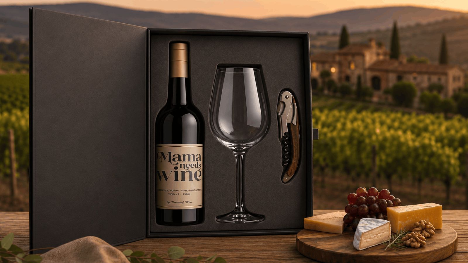Kit presente Mama needs wine com taça e saca-rolhas, cenário de vinícola ao entardecer